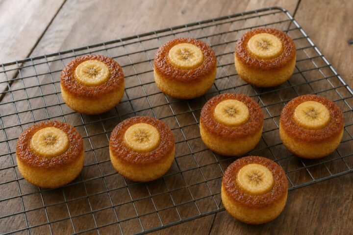 Eight golden mini muffins with caramelized banana rounds on a wire cooling rack