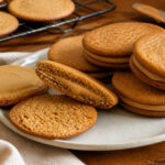 Thin brown sugar sandwich cookies with fork marks and a smooth browned-butter frosting center on a warm table