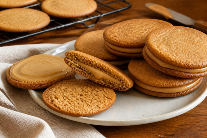 Thin brown sugar sandwich cookies with fork marks and a smooth browned-butter frosting center on a warm table