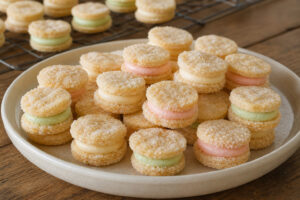 Round sugar-coated cream wafer sandwich cookies with pale vanilla and restrained pastel butter fillings on a ceramic platter