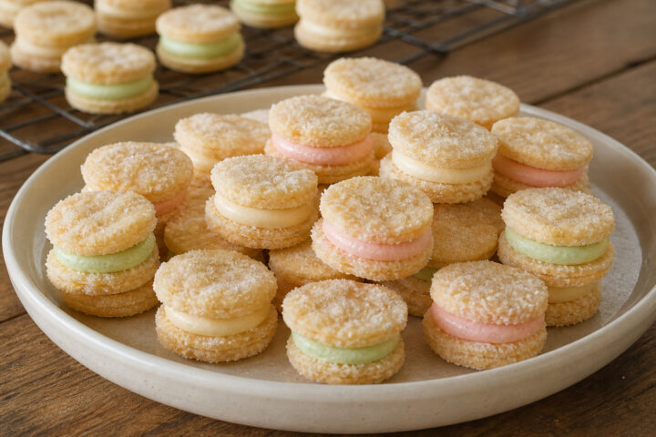 Round sugar-coated cream wafer sandwich cookies with pale vanilla and restrained pastel butter fillings on a ceramic platter