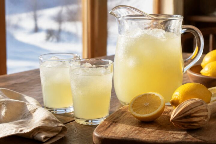 Glass pitcher and two iced lemonade glasses beside fresh lemons and a wooden citrus reamer on a snowy-window table