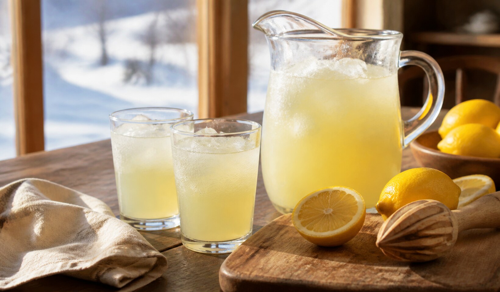 Glass pitcher and two iced lemonade glasses beside fresh lemons and a wooden citrus reamer on a snowy-window table