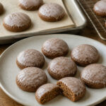Small round honey-cocoa Lebkuchen cookies with thin lemon icing and one broken cookie showing the spiced crumb