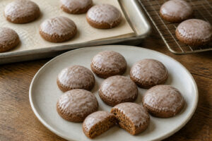 Small round honey-cocoa Lebkuchen cookies with thin lemon icing and one broken cookie showing the spiced crumb