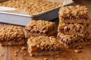 Golden oatmeal carmelita bars with visible caramel, semisweet chocolate, and chopped pecan layers on a warm table