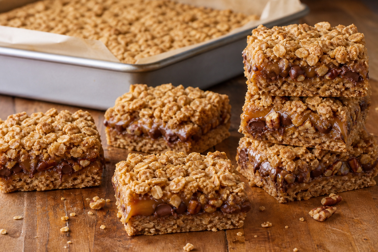 Golden oatmeal carmelita bars with visible caramel, semisweet chocolate, and chopped pecan layers on a warm table