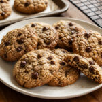 Round sugar-crusted oatmeal chocolate chip cookies with golden edges and one broken cookie showing the tender oat crumb