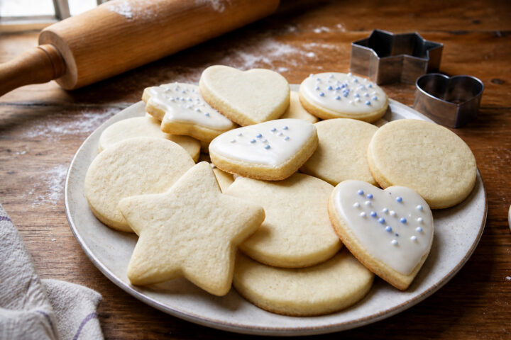 Thick pale cutout sugar cookies in simple shapes, some plain and some lightly iced, beside a rolling pin and cutters