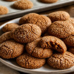 Small golden triple ginger cookies coated in coarse raw sugar with one broken cookie showing a tender center