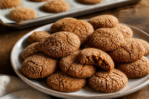 Small golden triple ginger cookies coated in coarse raw sugar with one broken cookie showing a tender center