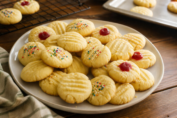 Small pale whipped shortbread cookies with fork marks, restrained nonpareils, and a few candied cherry halves