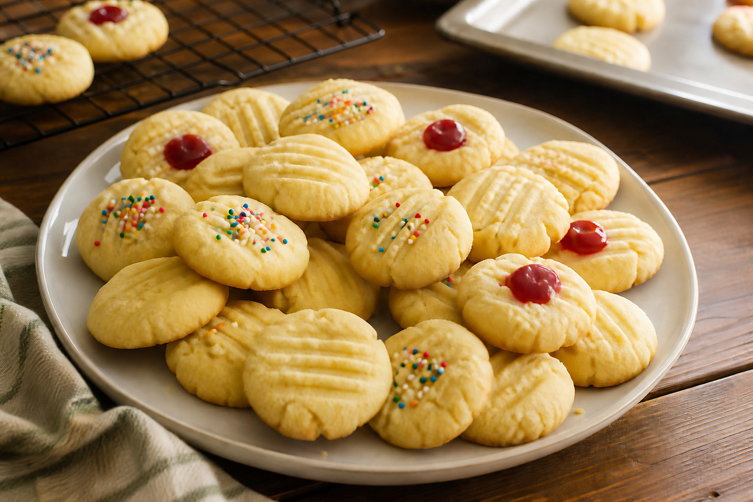 Small pale whipped shortbread cookies with fork marks, restrained nonpareils, and a few candied cherry halves