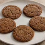 Five brown molasses ginger cookies with cracked tops and sparkling granulated sugar on a white plate.
