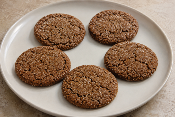 Five brown molasses ginger cookies with cracked tops and sparkling granulated sugar on a white plate.