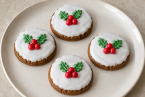 Four iced ginger cookies, each with three red cinnamon candies and two green icing holly leaves, on a white plate.