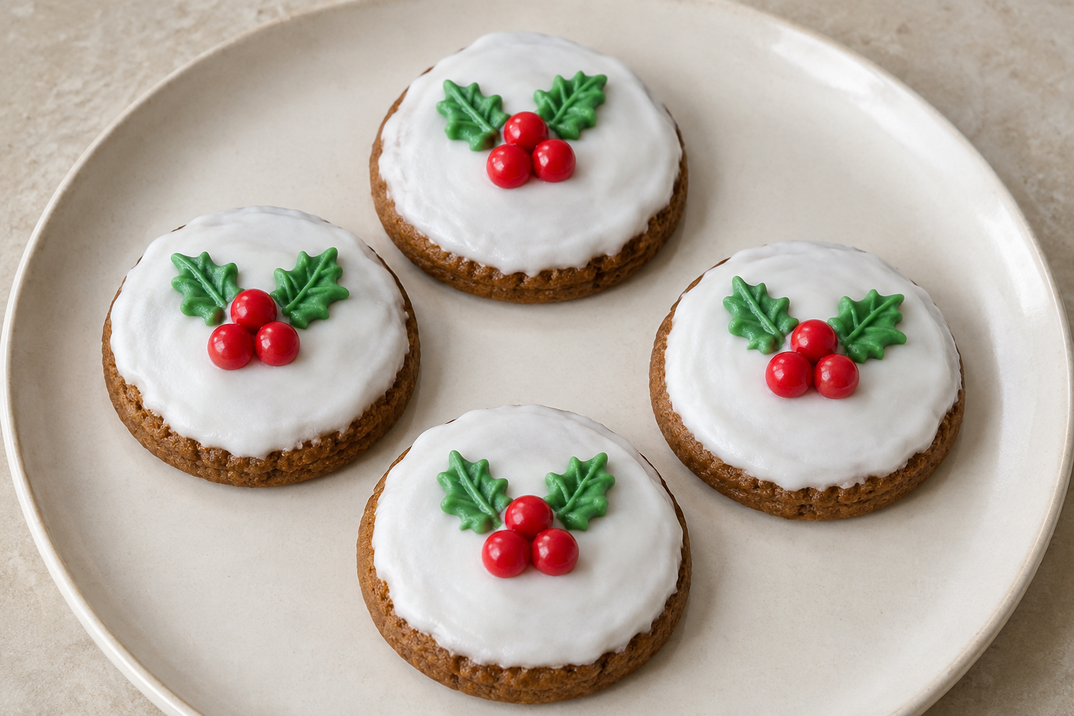 Four iced ginger cookies, each with three red cinnamon candies and two green icing holly leaves, on a white plate.