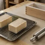 Illustration of two ivory soap bars on a rack beside a stainless-steel rolling pin and lined mold