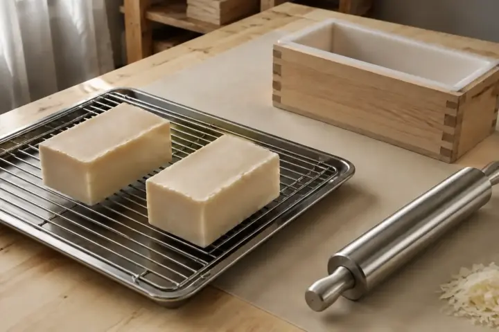 Illustration of two ivory soap bars on a rack beside a stainless-steel rolling pin and lined mold