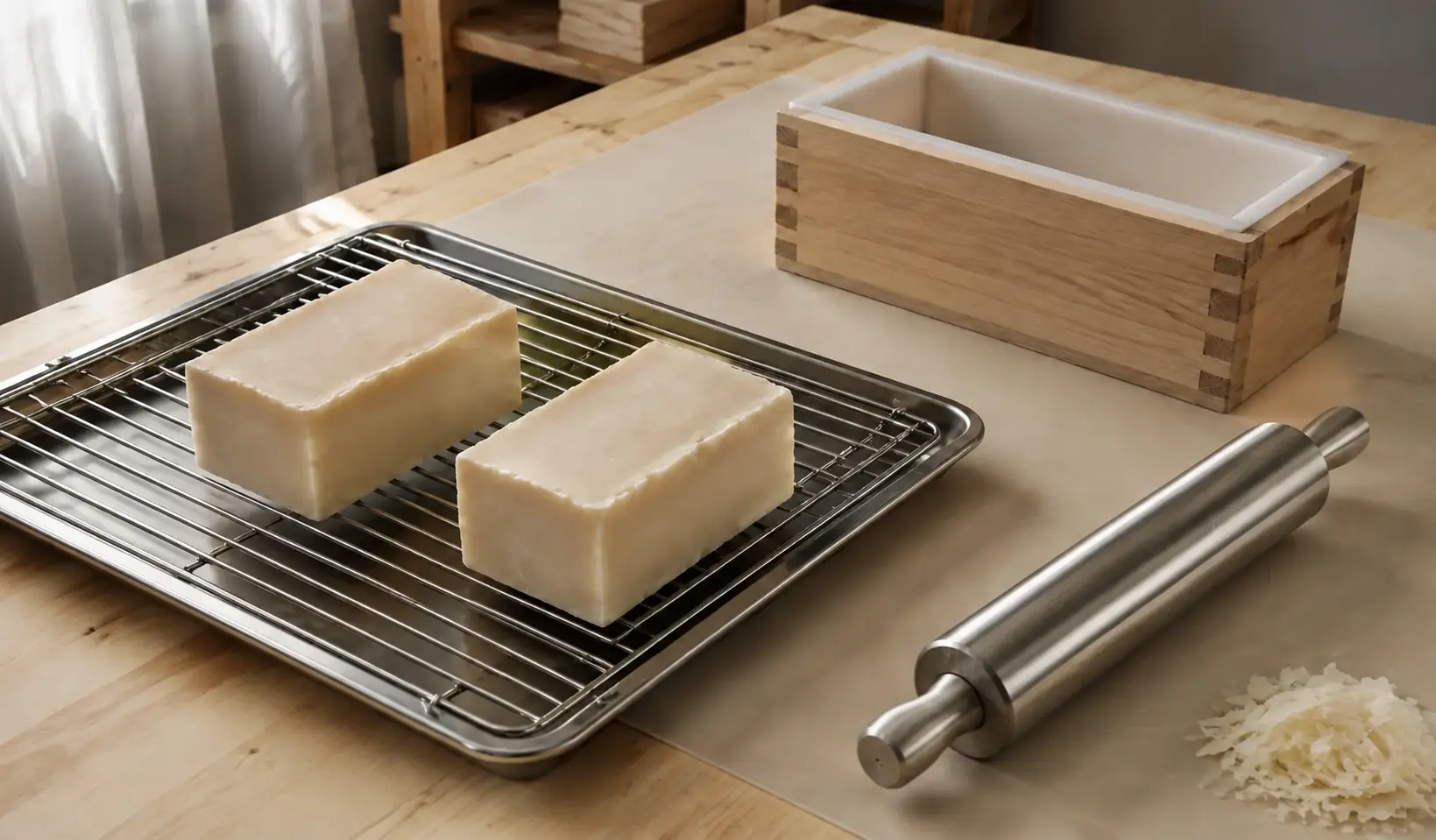 Illustration of two ivory soap bars on a rack beside a stainless-steel rolling pin and lined mold
